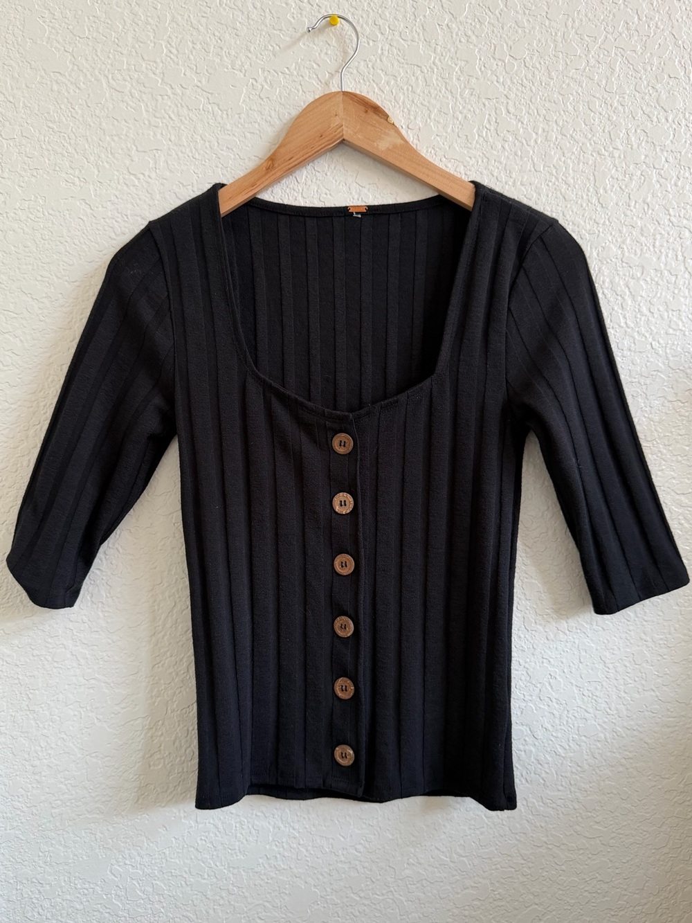 Free People Central Park Top Ribbed Button Front Black Small - Picture 2 of 5